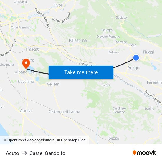 Acuto to Castel Gandolfo map