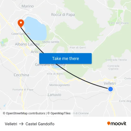 Velletri to Castel Gandolfo map