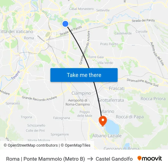 Roma | Ponte Mammolo (Metro B) to Castel Gandolfo map
