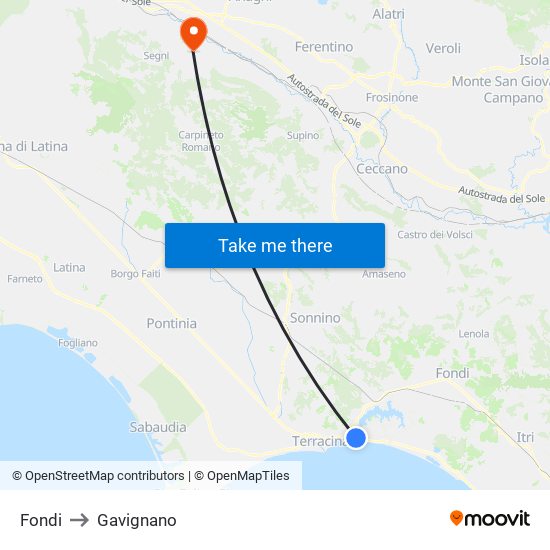 Fondi to Gavignano map