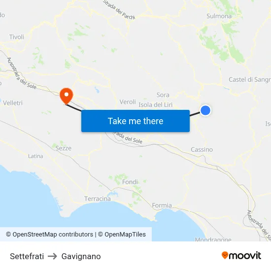 Settefrati to Gavignano map