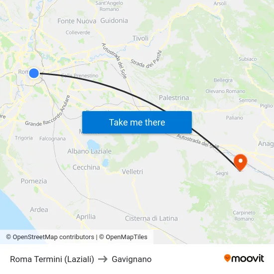 Roma Termini (Laziali) to Gavignano map