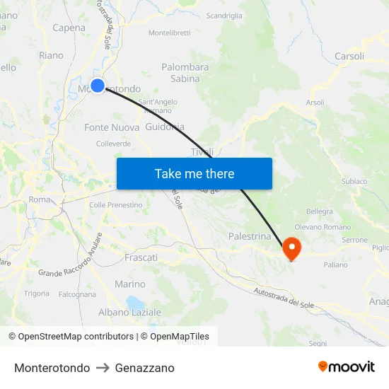 Monterotondo to Genazzano map