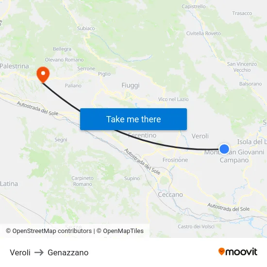 Veroli to Genazzano map