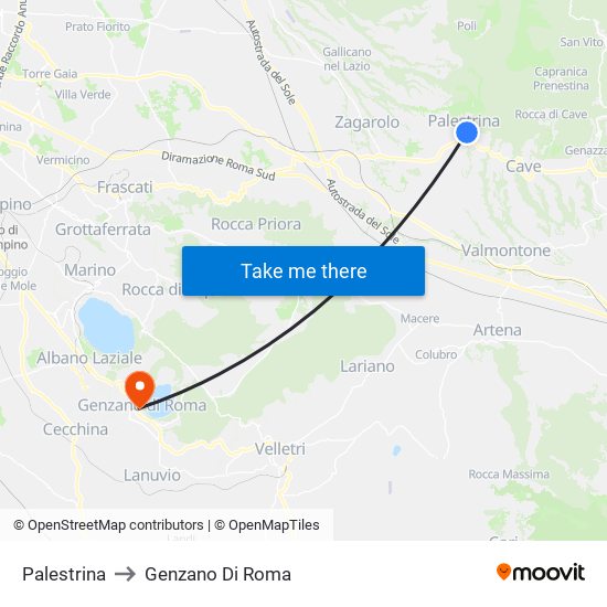 Palestrina to Genzano Di Roma map