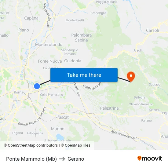 Ponte Mammolo (Mb) to Gerano map