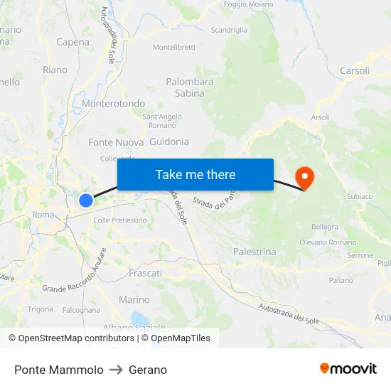 Ponte Mammolo to Gerano map