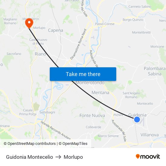 Guidonia Montecelio to Morlupo map