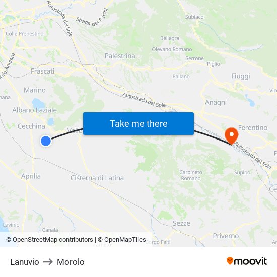 Lanuvio to Morolo map