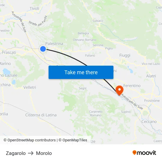 Zagarolo to Morolo map