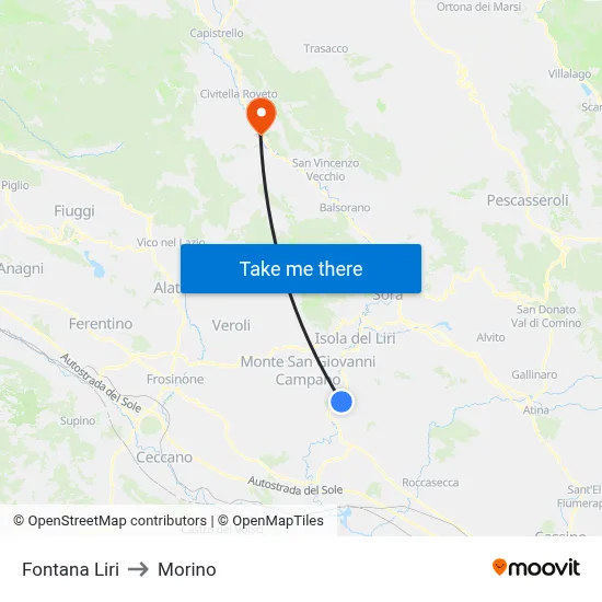 Fontana Liri to Morino map