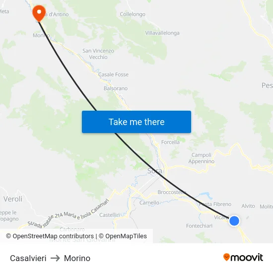 Casalvieri to Morino map