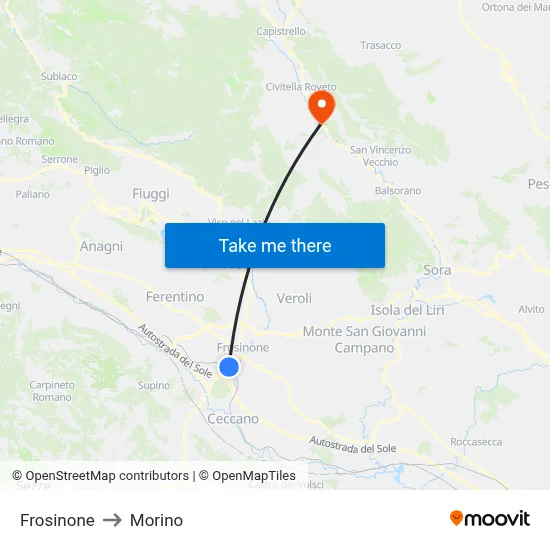 Frosinone to Morino map