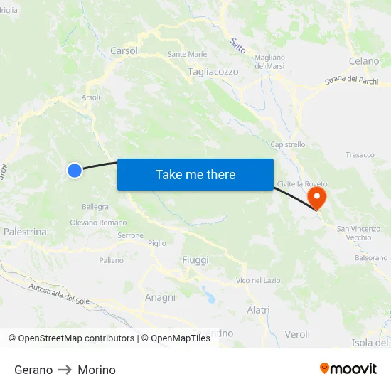 Gerano to Morino map