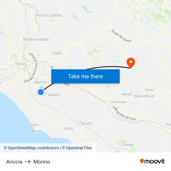 Ariccia to Morino map
