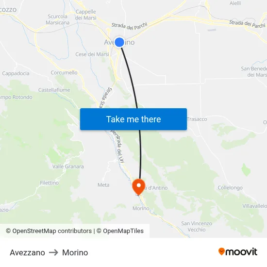 Avezzano to Morino map