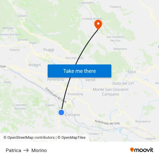 Patrica to Morino map