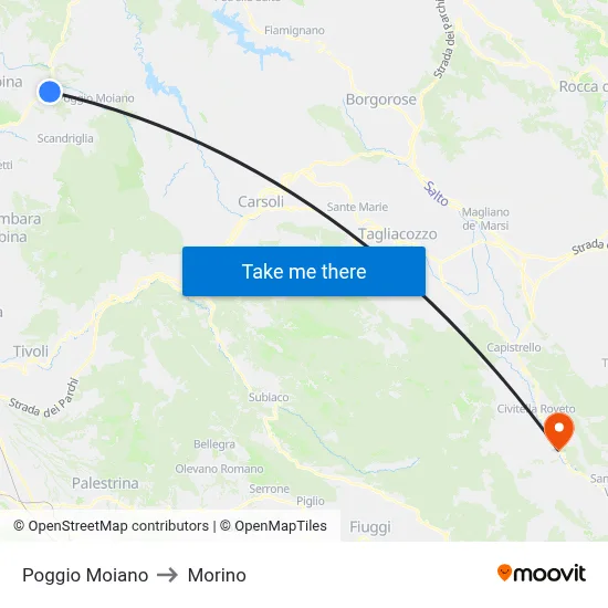 Poggio Moiano to Morino map