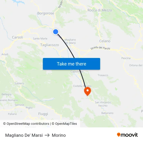 Magliano De' Marsi to Morino map