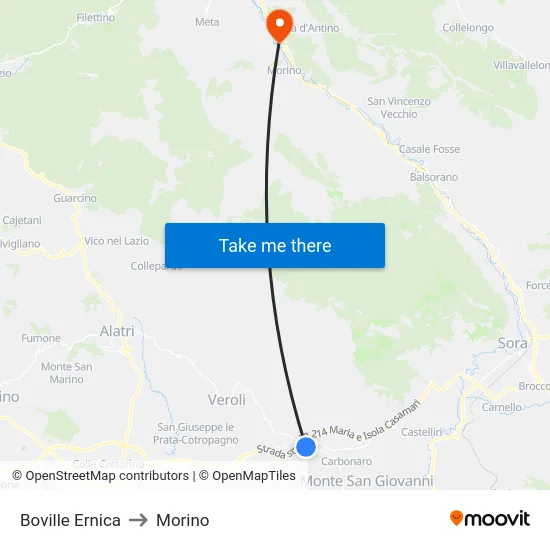 Boville Ernica to Morino map