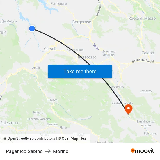 Paganico Sabino to Morino map
