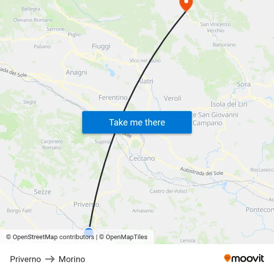Priverno to Morino map