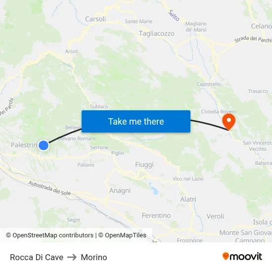 Rocca Di Cave to Morino map