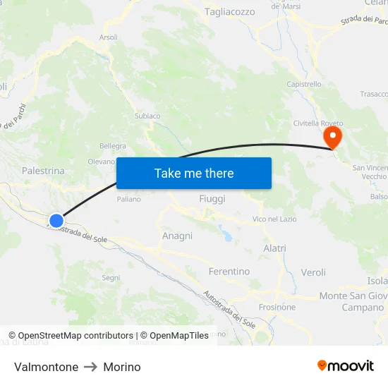 Valmontone to Morino map