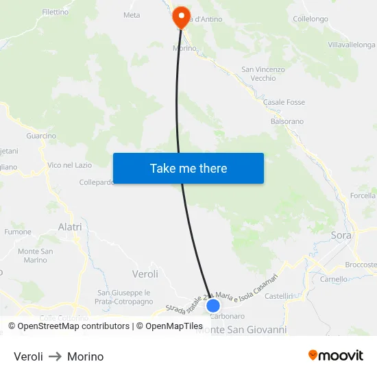 Veroli to Morino map