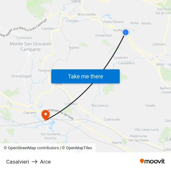 Casalvieri to Arce map