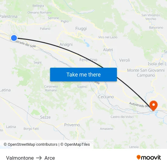 Valmontone to Arce map