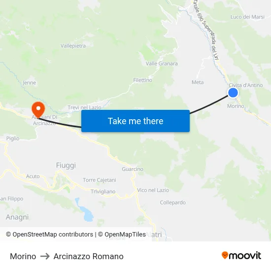 Morino to Arcinazzo Romano map