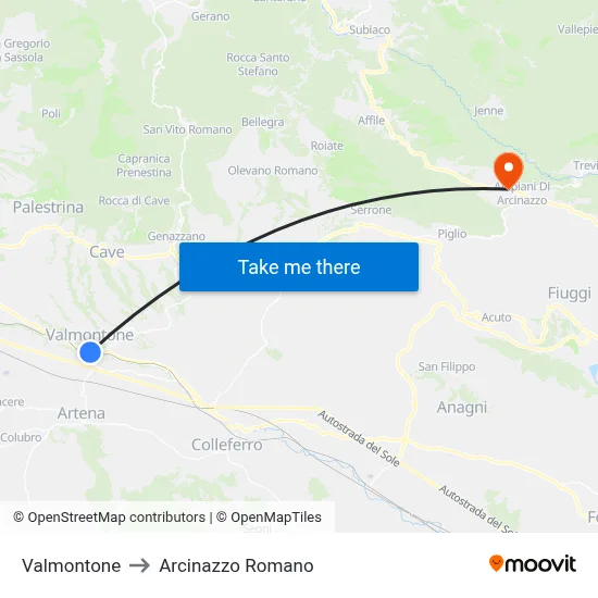 Valmontone to Arcinazzo Romano map