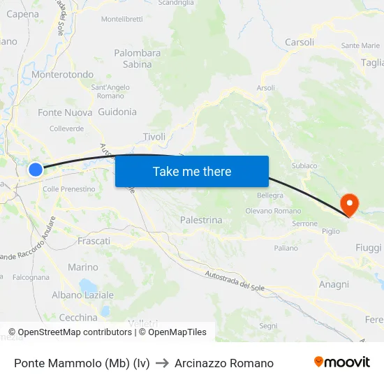 Ponte Mammolo (Mb) (Iv) to Arcinazzo Romano map