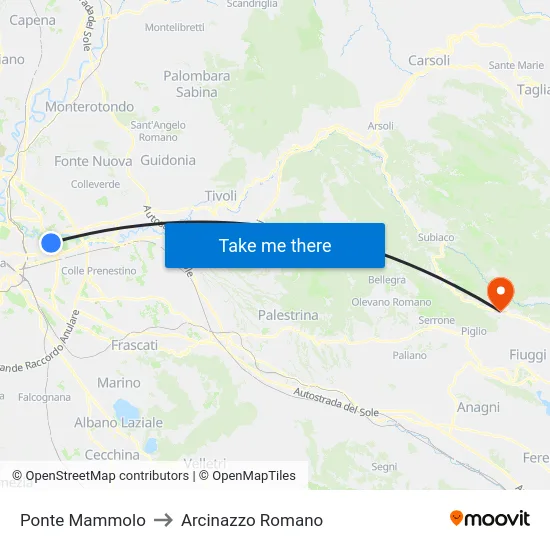 Ponte Mammolo to Arcinazzo Romano map