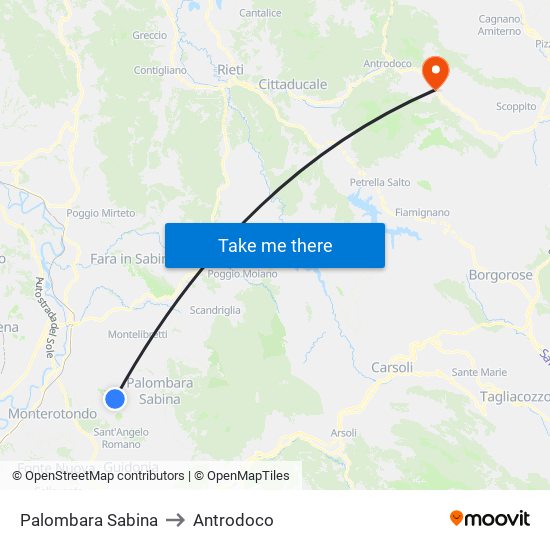 Palombara Sabina to Antrodoco map