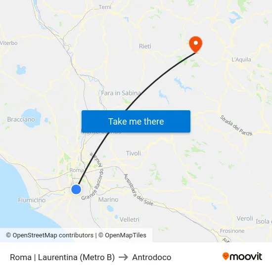 Roma | Laurentina (Metro B) to Antrodoco map