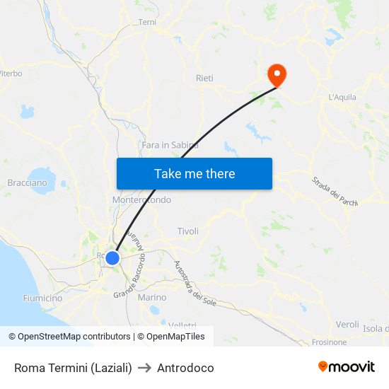 Roma Termini (Laziali) to Antrodoco map