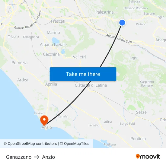 Genazzano to Anzio map
