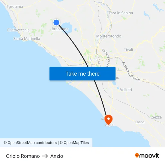 Oriolo Romano to Anzio map