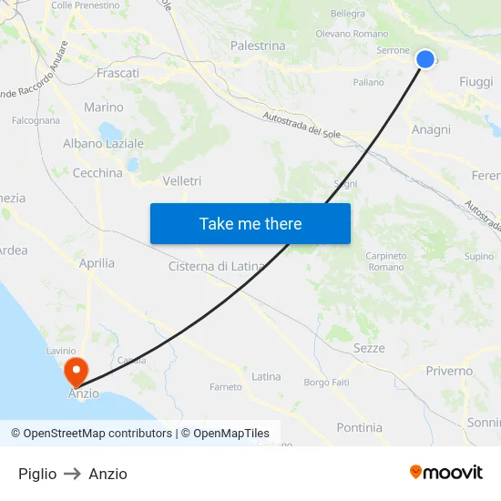 Piglio to Anzio map