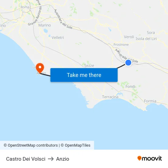 Castro Dei Volsci to Anzio map