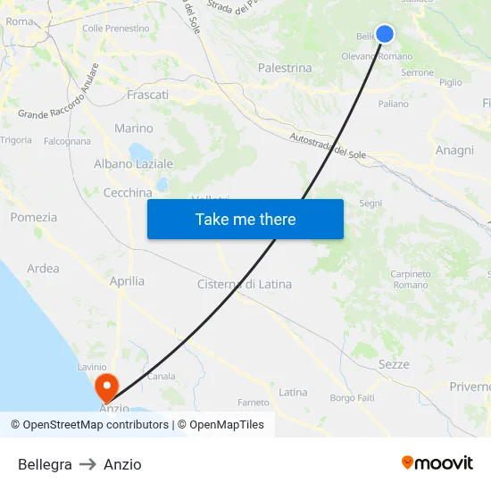 Bellegra to Anzio map