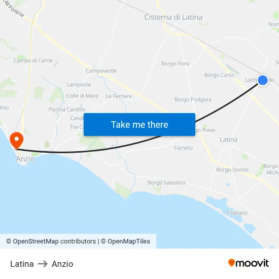 Latina to Anzio map