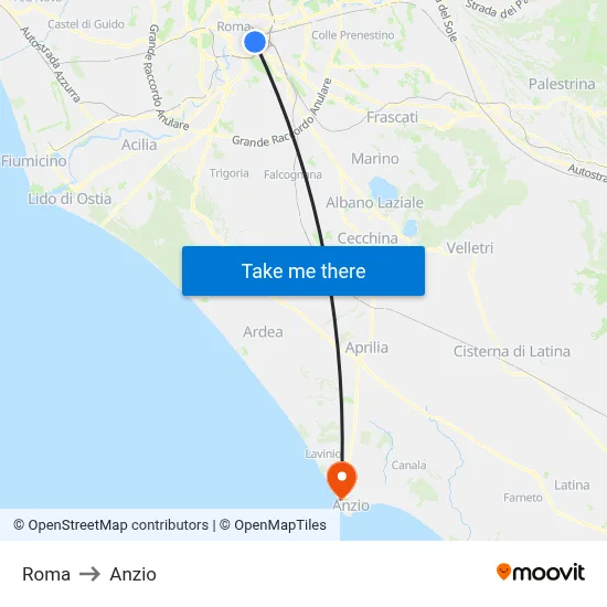 Roma to Anzio map