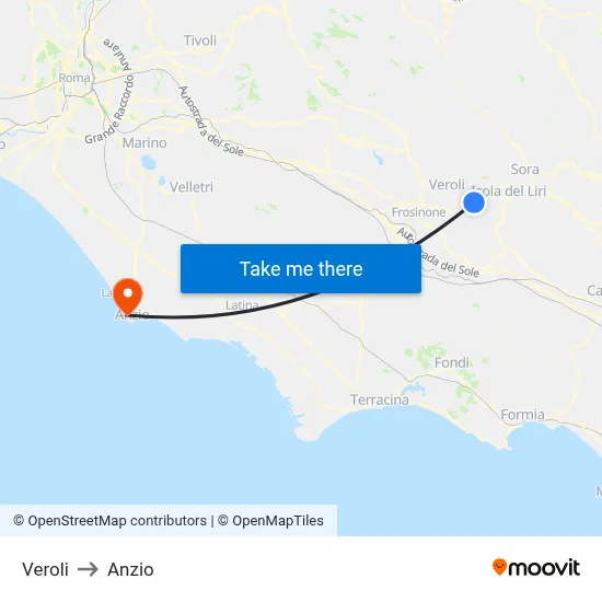 Veroli to Anzio map
