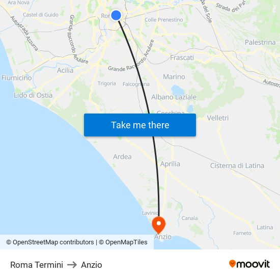 Roma Termini to Anzio map