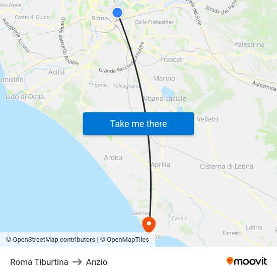 Roma Tiburtina to Anzio map