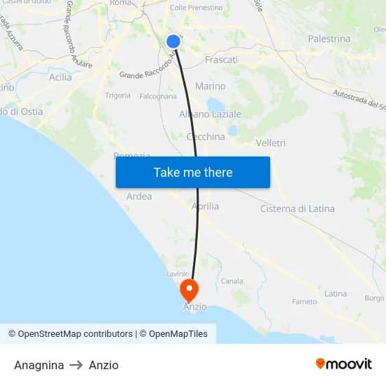 Anagnina to Anzio map
