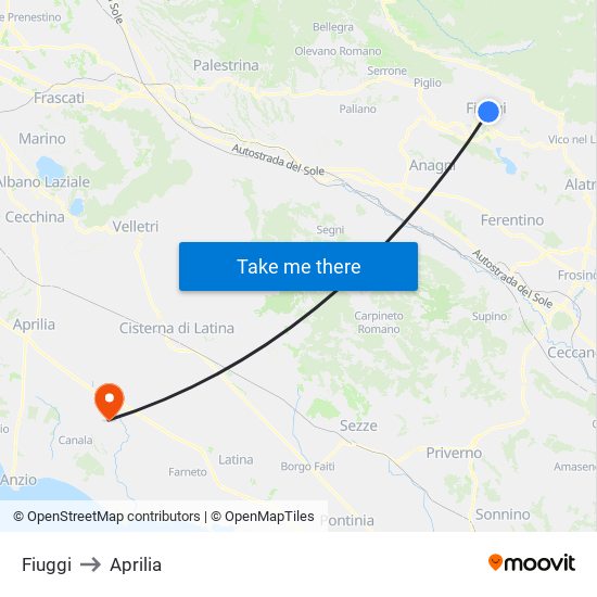Fiuggi to Aprilia map